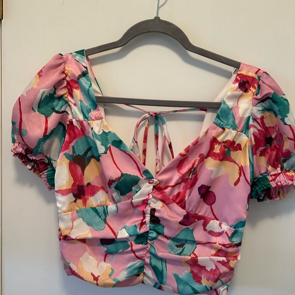 Pink Floral Puff Sleeve Crop Top Tie Back V-Neck Cottagecore Coquette Blouse - Picture 4 of 10